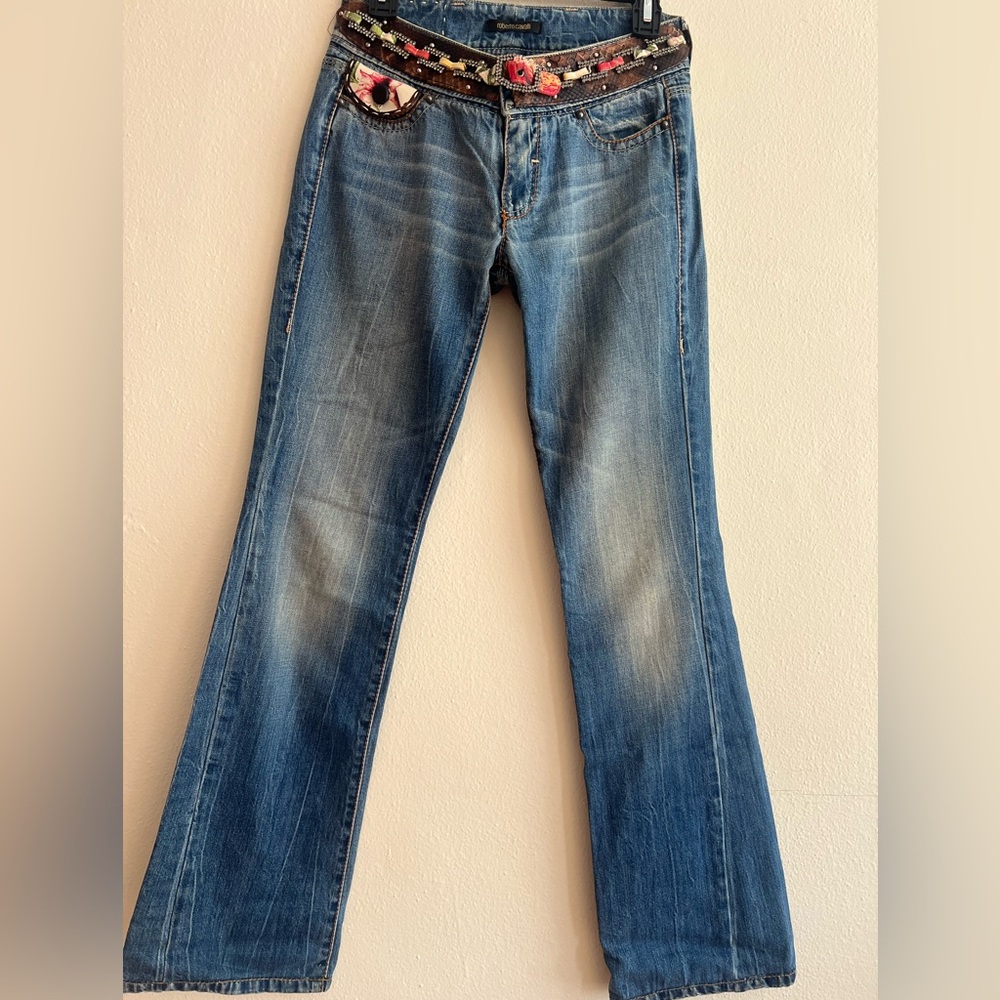 Vintage Roberto Cavalli Blue Women's Jeans Piton Skin Crystal Italy Size 40 - Picture 3 of 16